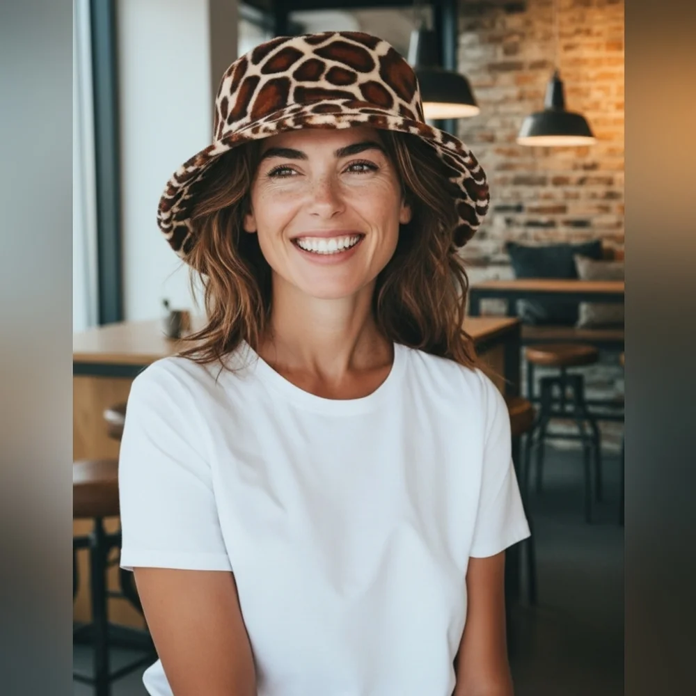 UO Gia Furry Leopard Bucket Hat Giraffe Brown Black Safari L One Size‎ Fits Most